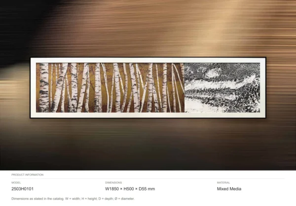 Panoramic Birch Forest Relief in Black Frame, 185 x 50 cm — dimensions