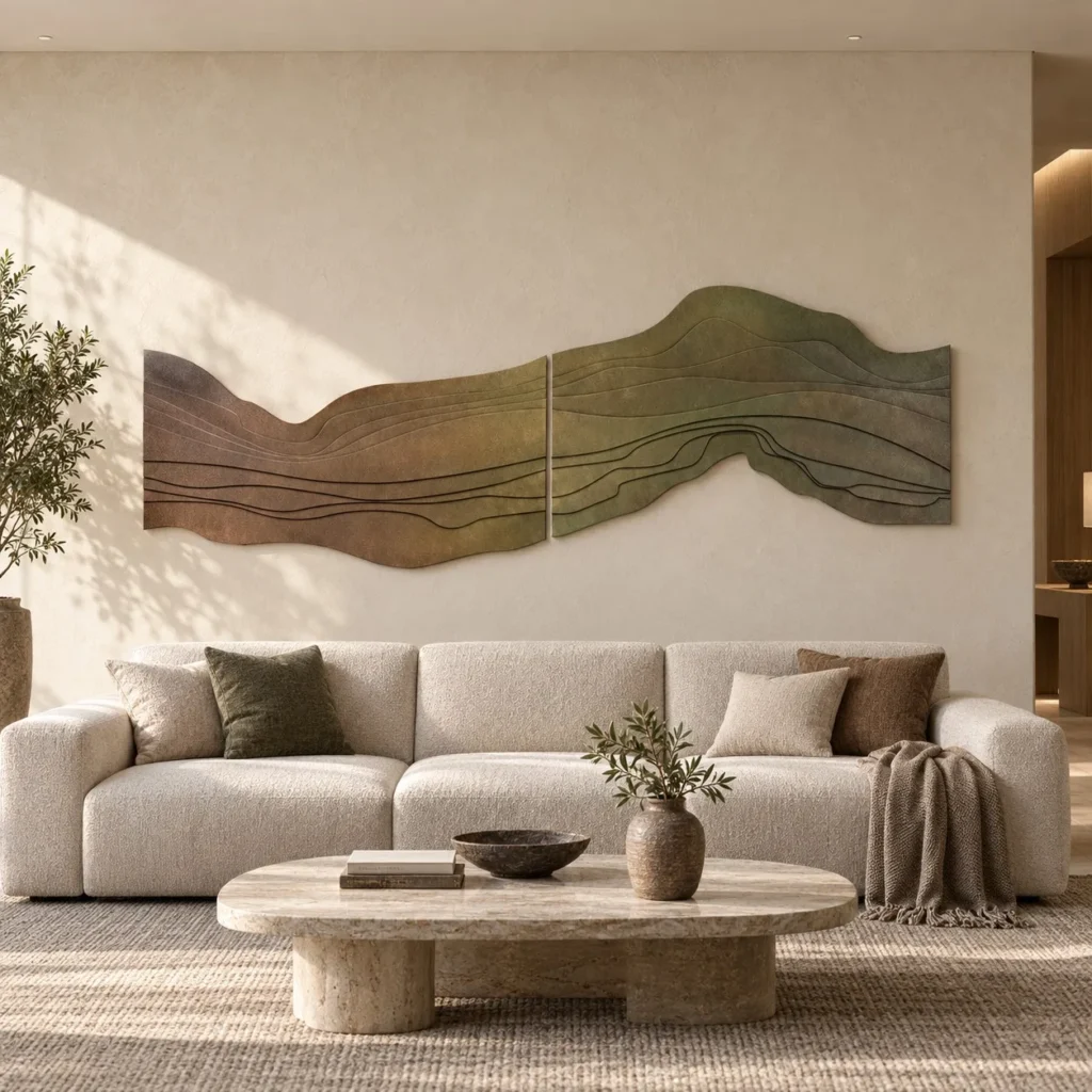 Panoramic Olive and Rust Landscape Relief, 200 x 70 cm in olive — front view
