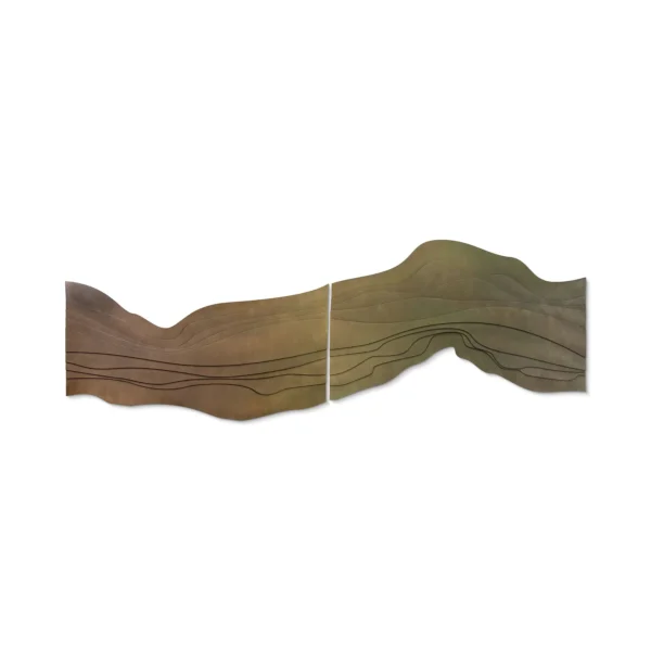 Panoramic Olive and Rust Landscape Relief, 200 x 70 cm in olive — in a room setting