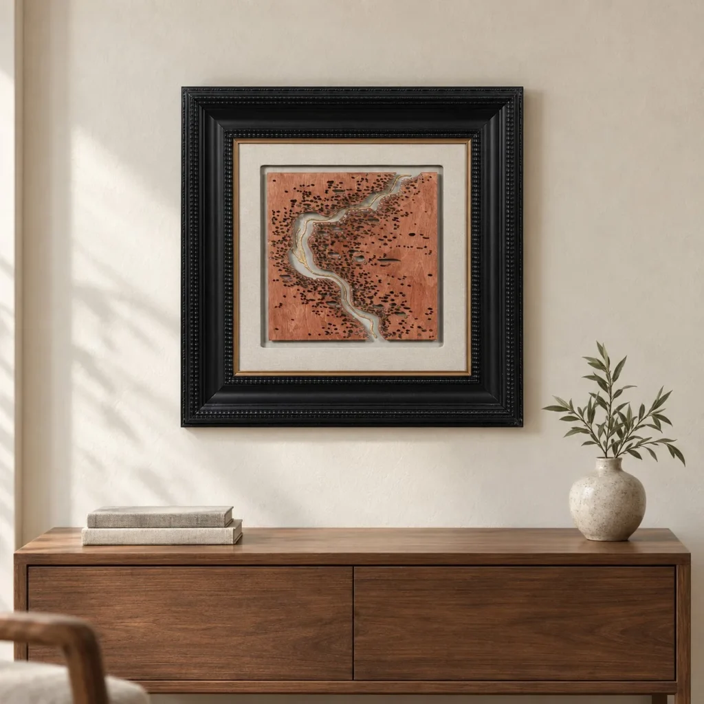 Coral River Map in Ornate Black Frame, 65 x 65 cm — front view