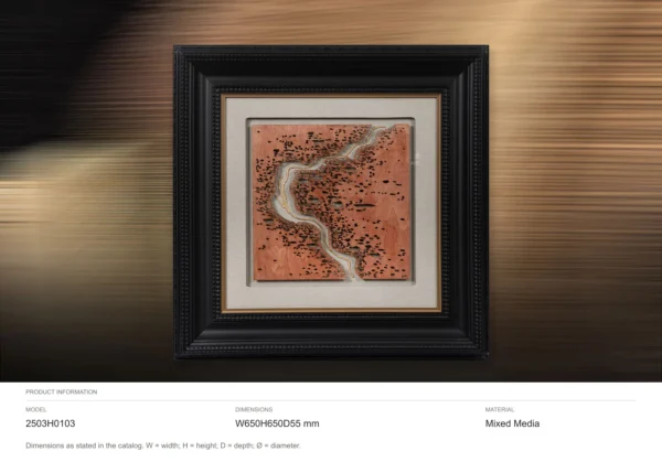Coral River Map in Ornate Black Frame, 65 x 65 cm — dimensions