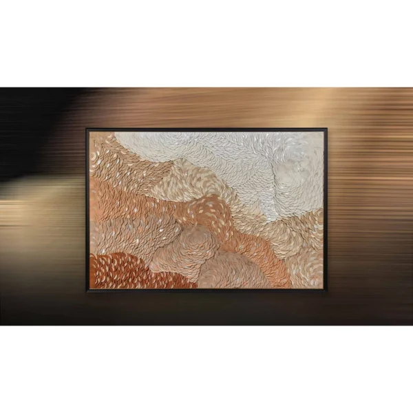 Wide Terracotta Scale Relief in Black Frame, 220 x 150 cm — in a room setting