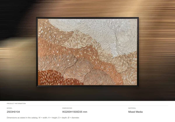 Wide Terracotta Scale Relief in Black Frame, 220 x 150 cm — dimensions