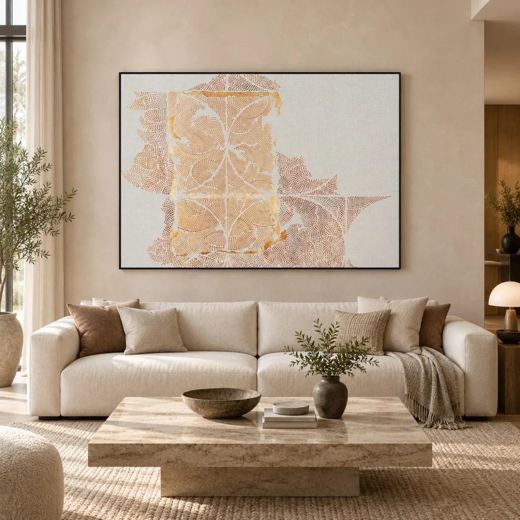 Wide Peach Lace Fragment Panel, 140 x 100 cm in rust — front view