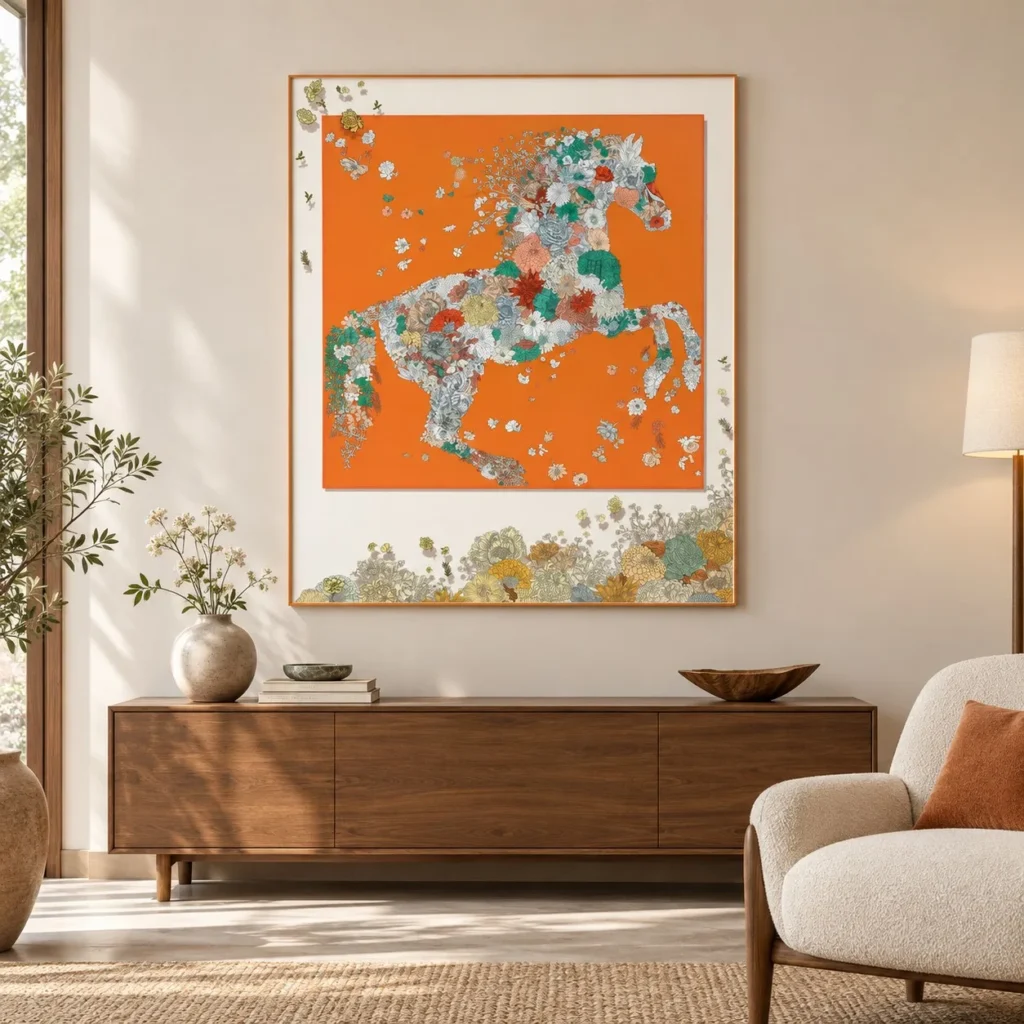 Floral Horse on Orange Print in Slim Frame, 100 x 120 cm — front view