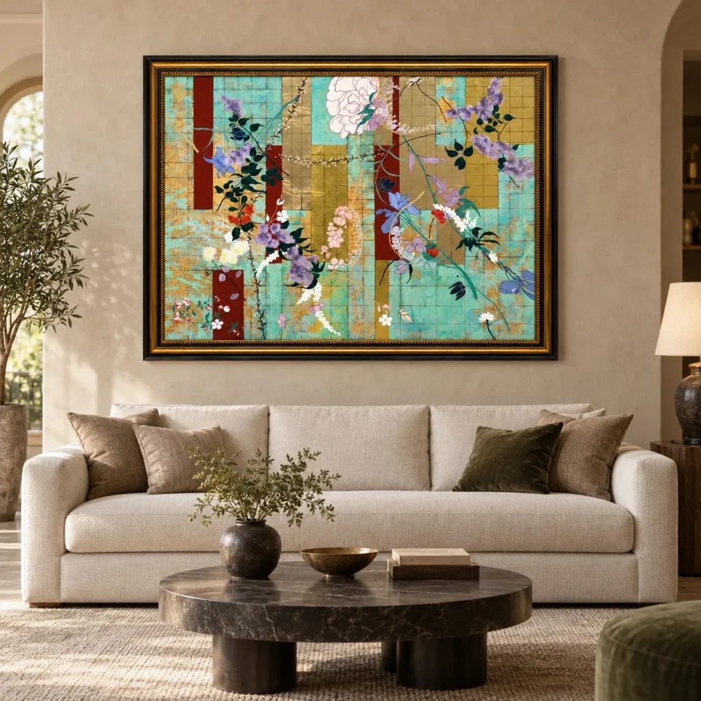 Wide Blossom Collage Painting in Gold Frame, 150 x 120 cm — front view