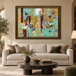 Wide Blossom Collage Painting in Gold Frame, 150 x 120 cm — front view