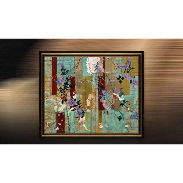 Wide Blossom Collage Painting in Gold Frame, 150 x 120 cm — in a room setting