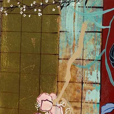 Wide Blossom Collage Painting in Gold Frame, 150 x 120 cm — detail
