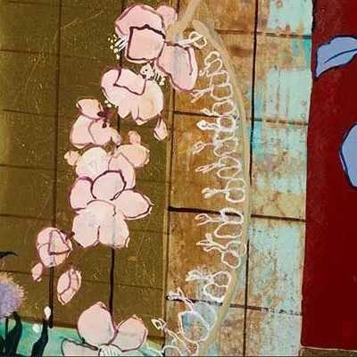 Wide Blossom Collage Painting in Gold Frame, 150 x 120 cm — detail
