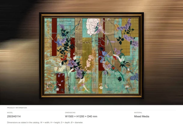 Wide Blossom Collage Painting in Gold Frame, 150 x 120 cm — dimensions