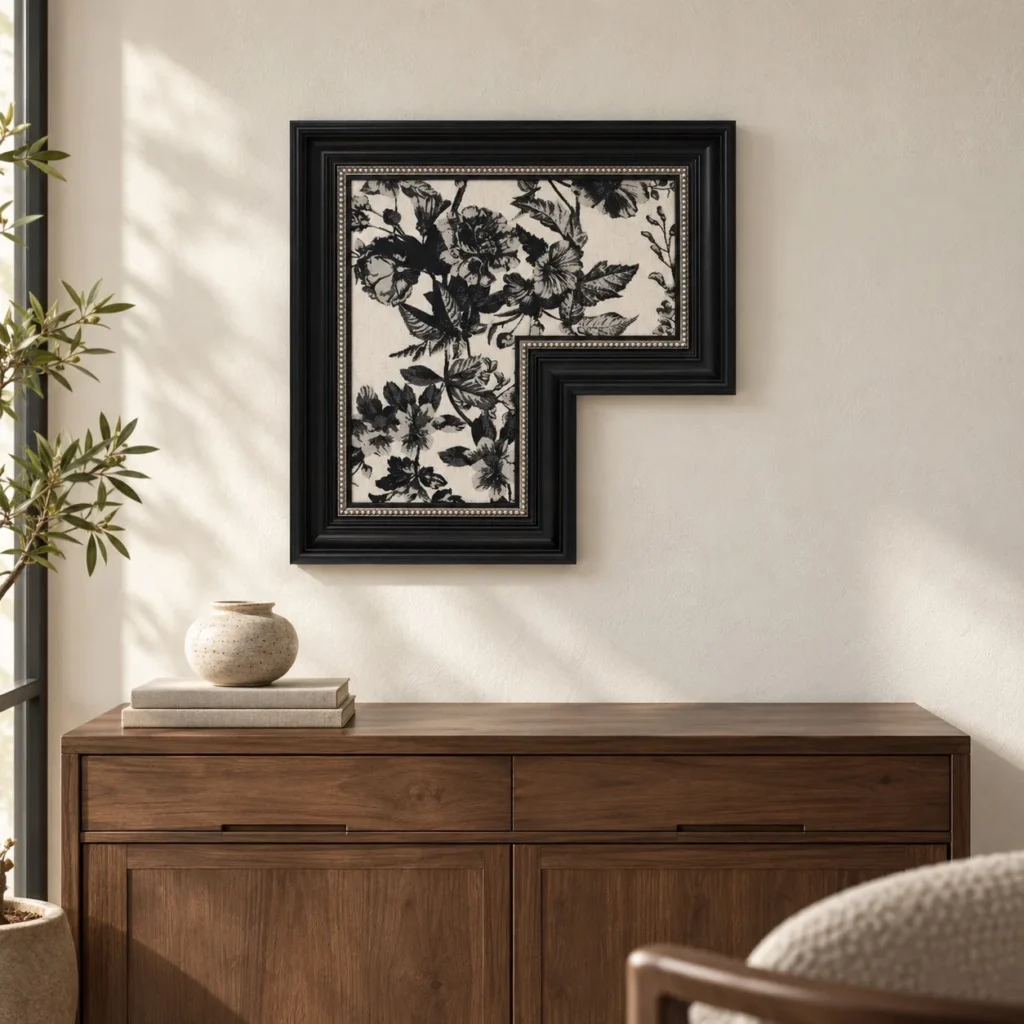 Black Floral Toile in Stepped Black Frame, 50 x 50 cm — front view