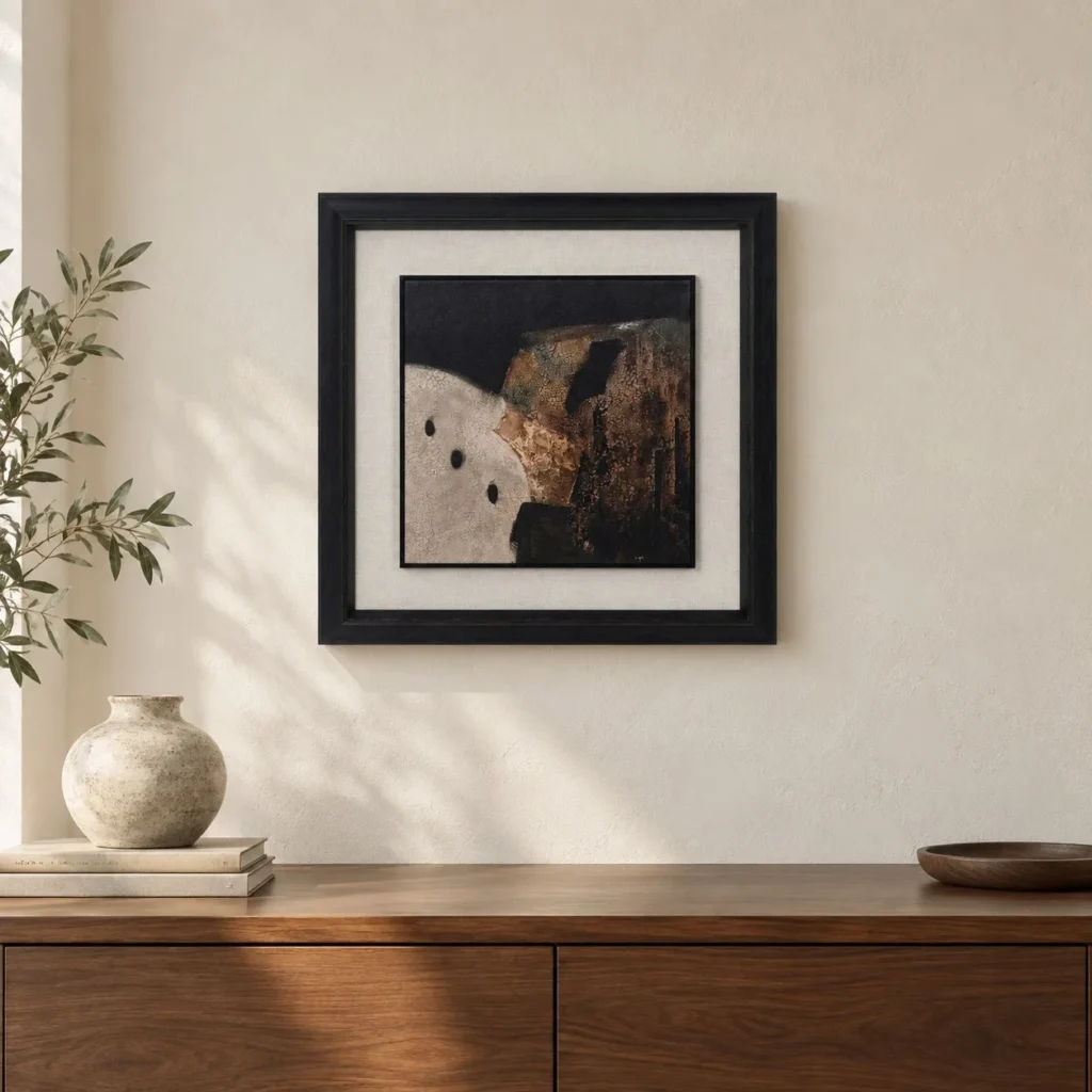 Small Cream and Black Abstract in Black Frame, 35 x 35 cm — front view