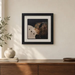 Small Cream and Black Abstract in Black Frame, 35 x 35 cm — front view