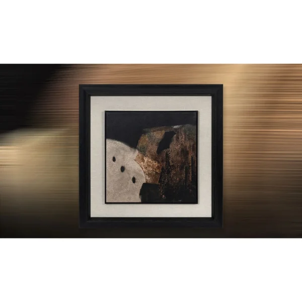 Small Cream and Black Abstract in Black Frame, 35 x 35 cm — in a room setting