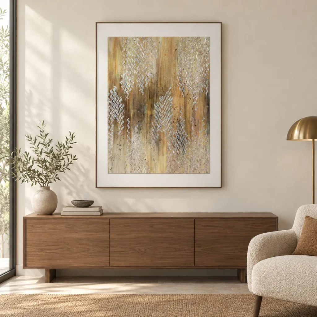 Gold and Silver Chevron Panel in White Frame, 95 x 130 cm — front view