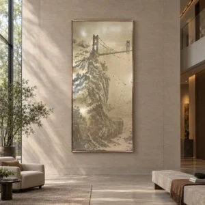 Tall Mountain and Bridge Ink Panel, 120 x 240 cm in slate — front view