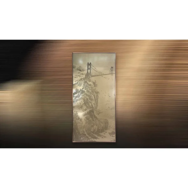 Tall Mountain and Bridge Ink Panel, 120 x 240 cm in slate — in a room setting