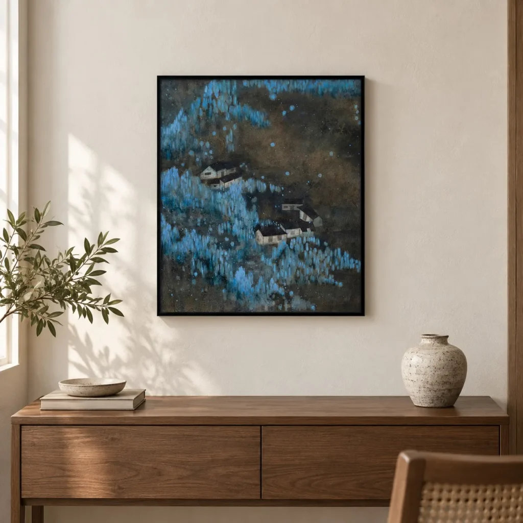 Blue Village in Night Forest Painting in Black Frame, 42 x — front view