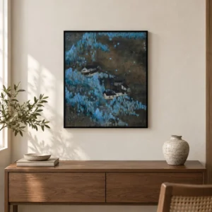 Blue Village in Night Forest Painting in Black Frame, 42 x — front view