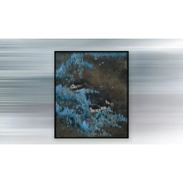 Blue Village in Night Forest Painting in Black Frame, 42 x — in a room setting