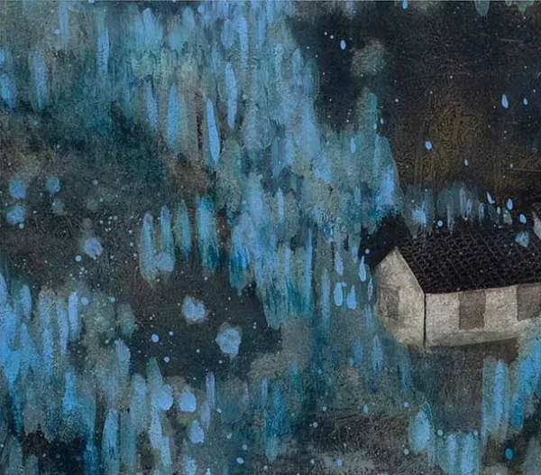 Blue Village in Night Forest Painting in Black Frame, 42 x — detail
