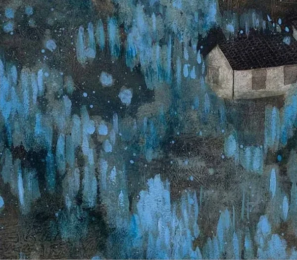 Blue Village in Night Forest Painting in Black Frame, 42 x — detail