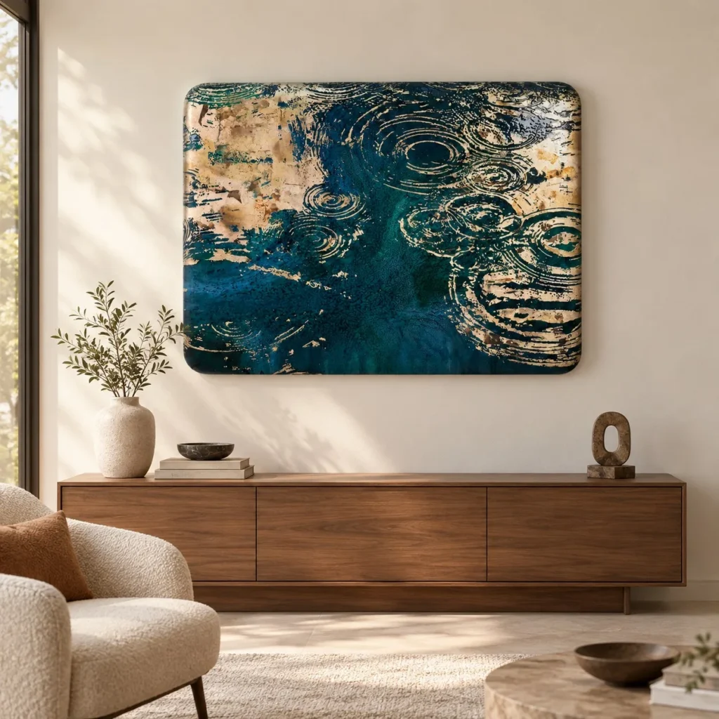 Teal Ripple Glazed Panel with Gold, 120 x 90 cm in blue — front view