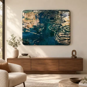 Teal Ripple Glazed Panel with Gold, 120 x 90 cm in blue — front view