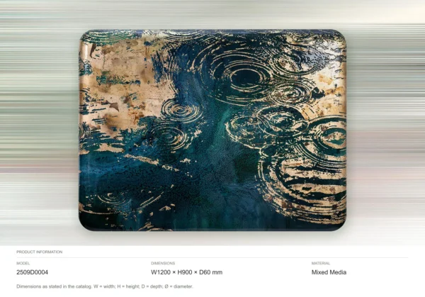 Teal Ripple Glazed Panel with Gold, 120 x 90 cm in blue — dimensions