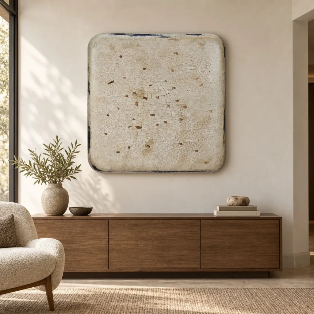 Cream Speckled Glazed Slab with Blue Edge, 98 x 98 cm in oatmeal — front view