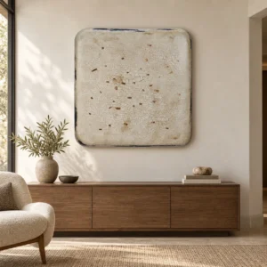 Cream Speckled Glazed Slab with Blue Edge, 98 x 98 cm in oatmeal — front view