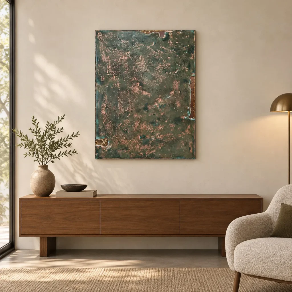 Verdigris and Copper Textured Panel, 70 x 90 cm in olive — front view