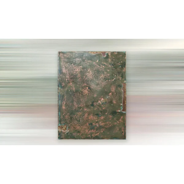 Verdigris and Copper Textured Panel, 70 x 90 cm in olive — in a room setting