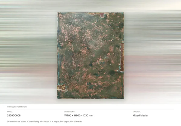 Verdigris and Copper Textured Panel, 70 x 90 cm in olive — dimensions