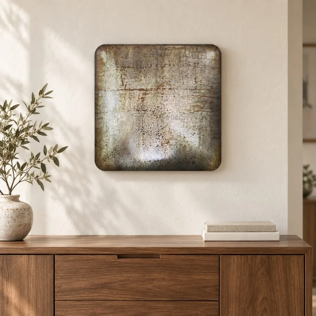 Silver Patina Glazed Slab, 50 x 50 cm in silver — front view