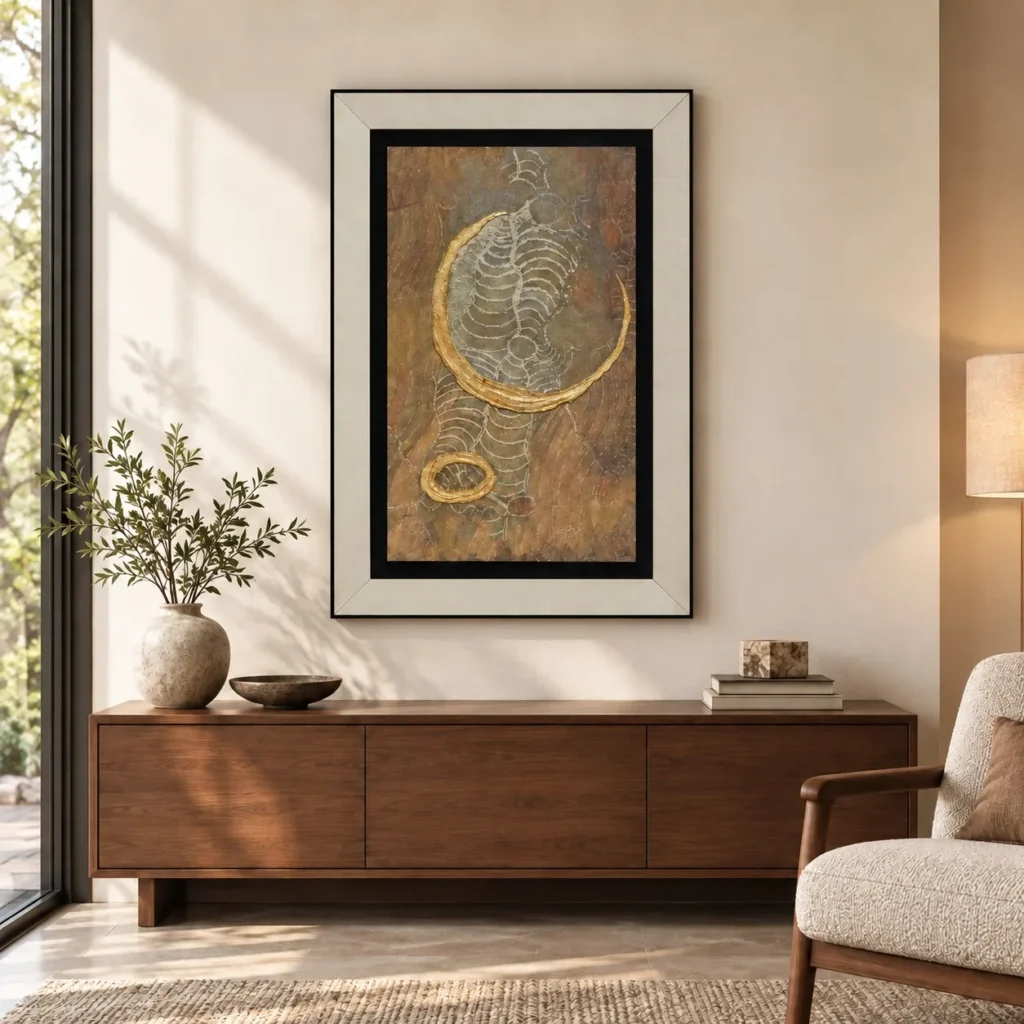 Fossil Fish Relief in Black and Cream Frame, 80 x 120 cm — front view