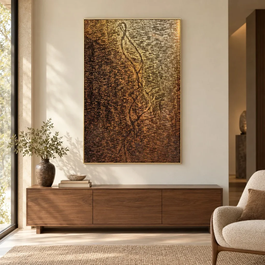 Bronze Mosaic Panel with Gold Serpent Line, 80 x 120 cm in bronze — front view