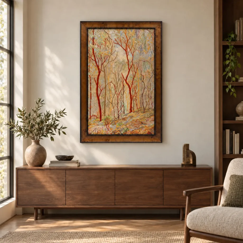 Red Tree Forest Painting in Bronze Frame, 80 x 120 cm — front view
