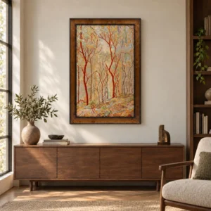 Red Tree Forest Painting in Bronze Frame, 80 x 120 cm — front view