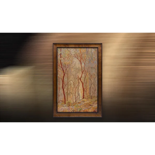 Red Tree Forest Painting in Bronze Frame, 80 x 120 cm — in a room setting