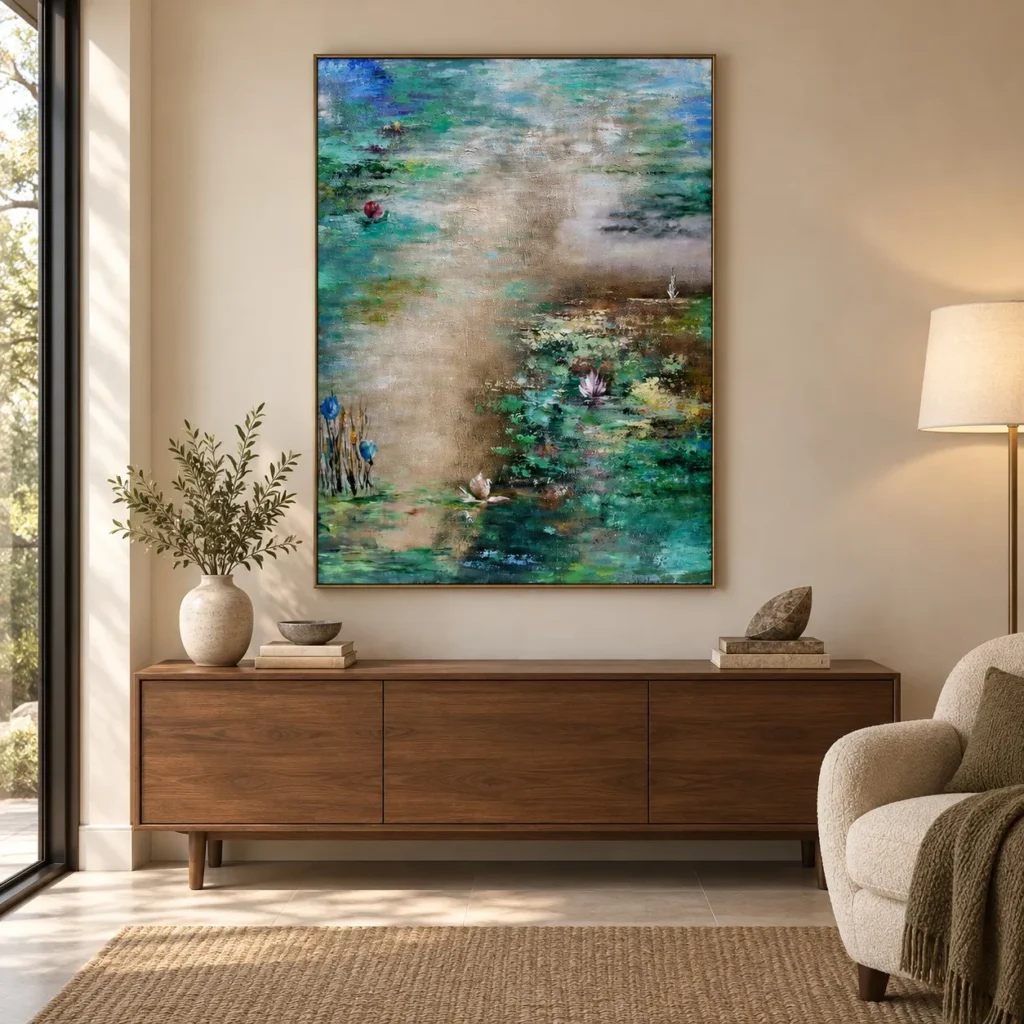 Lily Pond Impressionist Painting in olive — front view