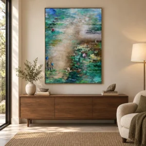 Lily Pond Impressionist Painting in olive — front view