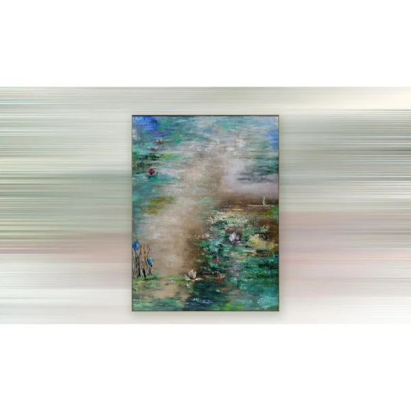 Lily Pond Impressionist Painting in olive — in a room setting