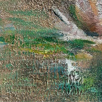 Lily Pond Impressionist Painting in olive — detail
