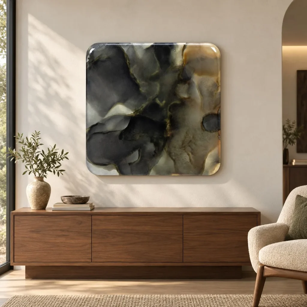 Charcoal Ink Bloom Glazed Slab, 90 x 90 cm in black — front view