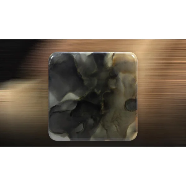Charcoal Ink Bloom Glazed Slab, 90 x 90 cm in black — in a room setting