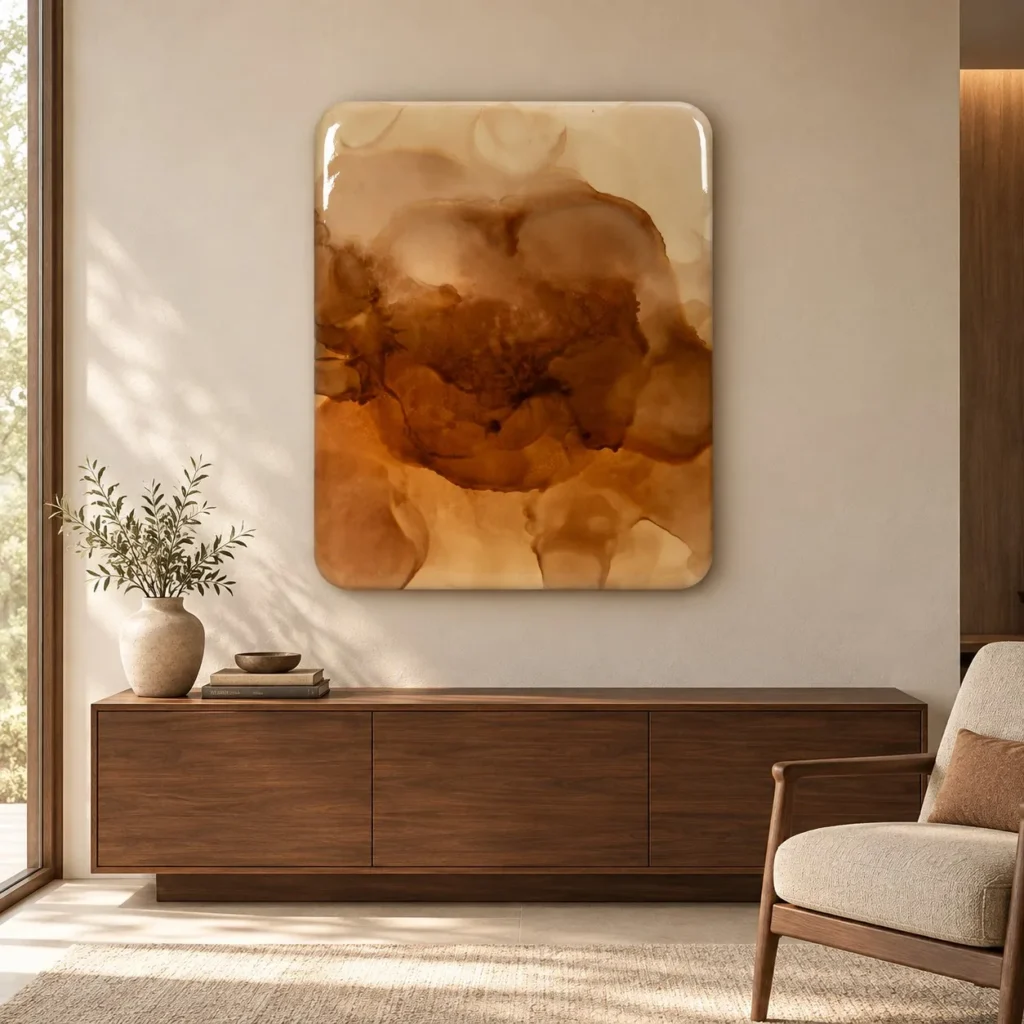 Amber Ink Bloom Glazed Slab, 100 x 125 cm in rust — front view