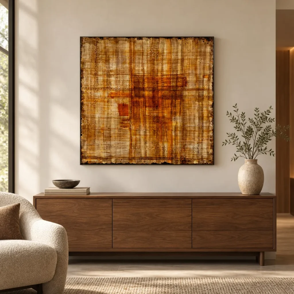 Rust Plaid Textured Panel, 80 x 80 cm in rust — front view