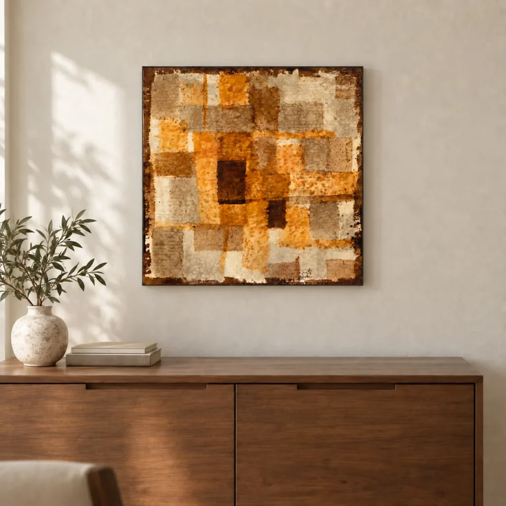 Small Rust Patchwork Textured Panel, 50 x 50 cm in rust — front view